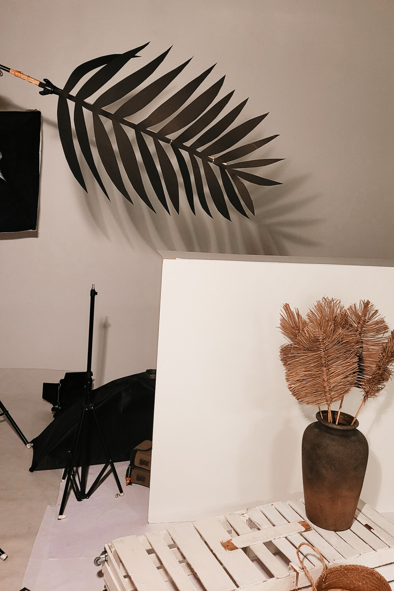 Czarna, papierowa palma zawieszona na tle, z ceramicznym naczyniem w kształcie stożka, wypełnionym suchymi gałązkami, na białym blacie. W tle widoczne statywy i oświetlenie